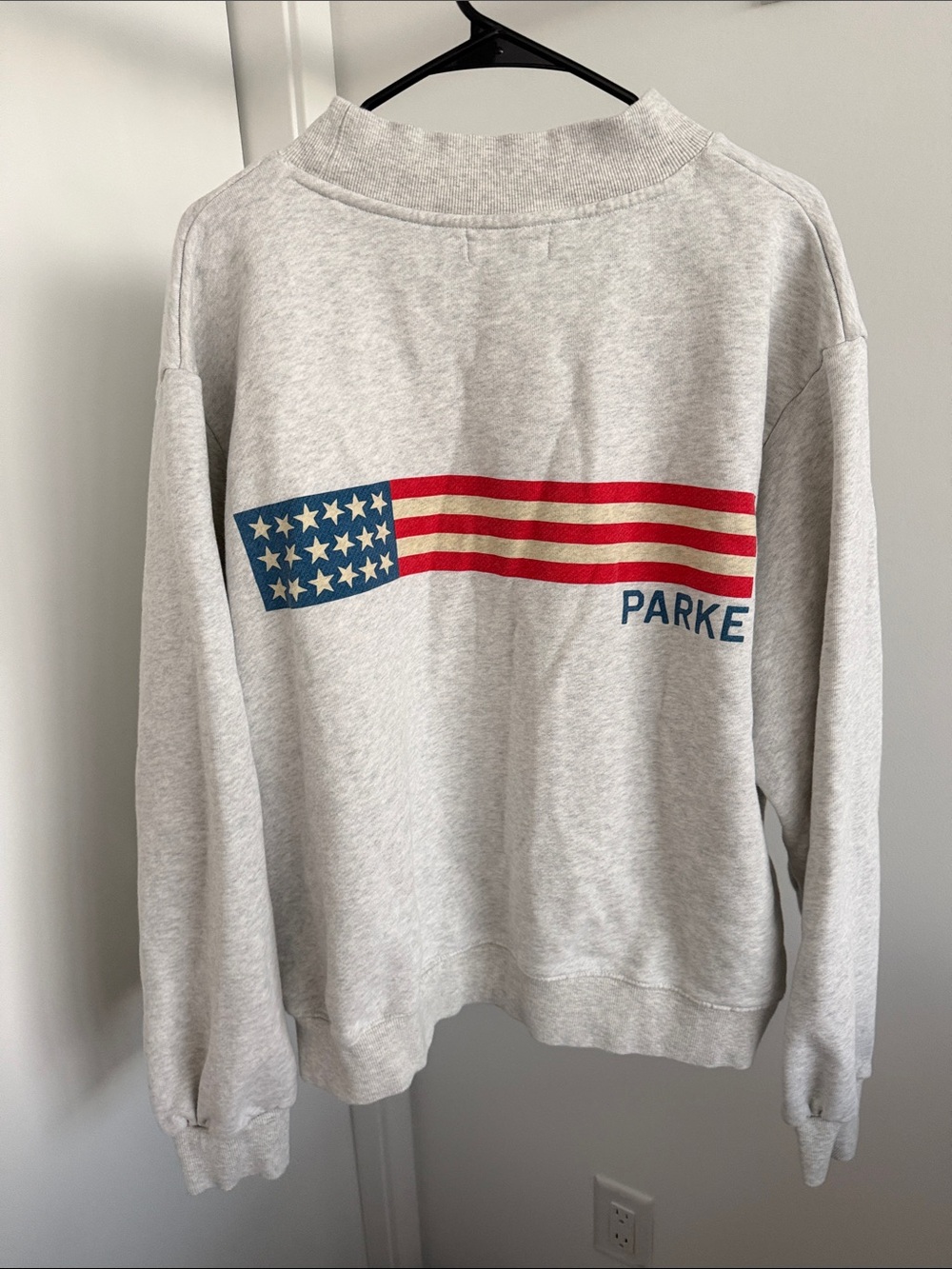 Parke Light Gray Mockneck Sweatshirt with Red & Blue Flag Graphic L/XL